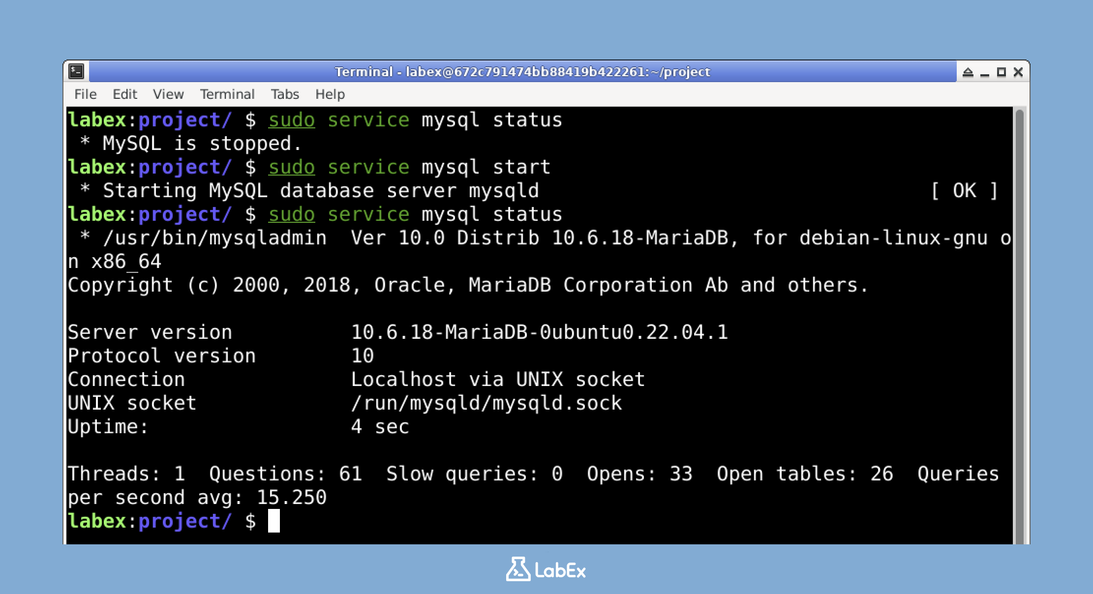 Sortie du statut du service MySQL