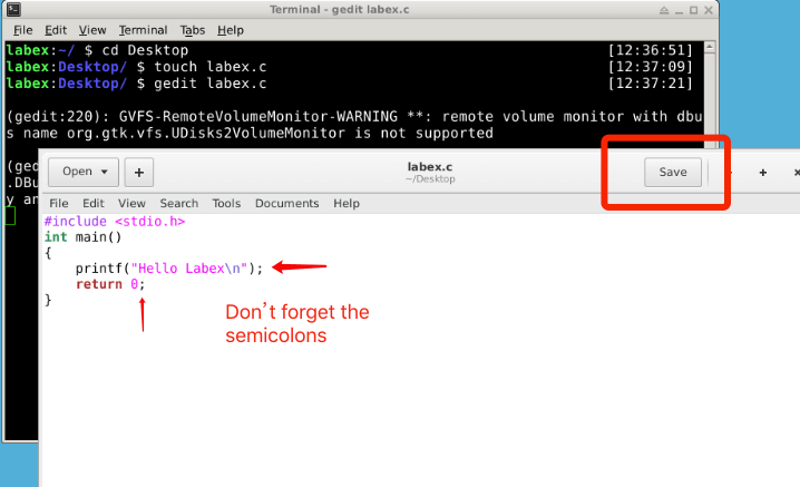 gedit mit gespeichertem C-Code