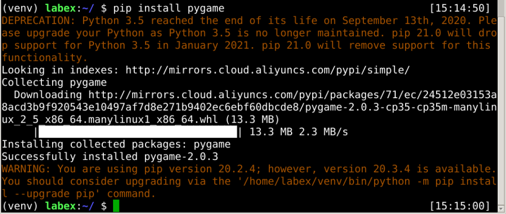 Installing pygame package