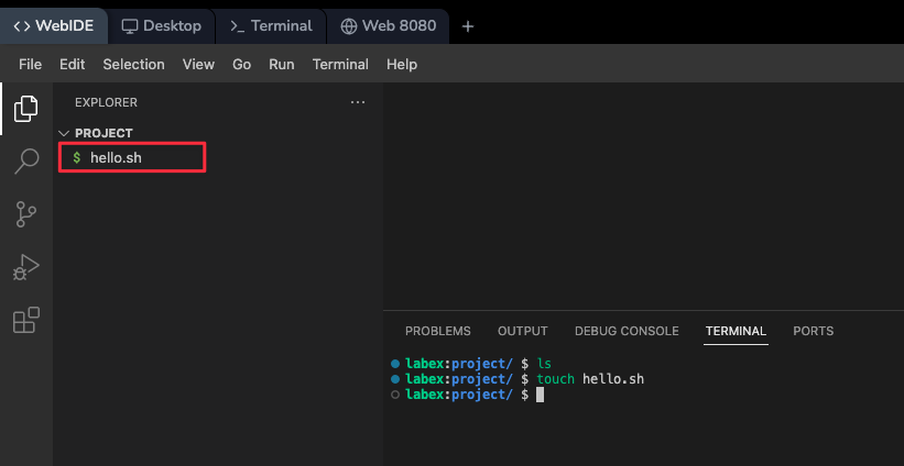 Ejemplo de comando touch en el terminal