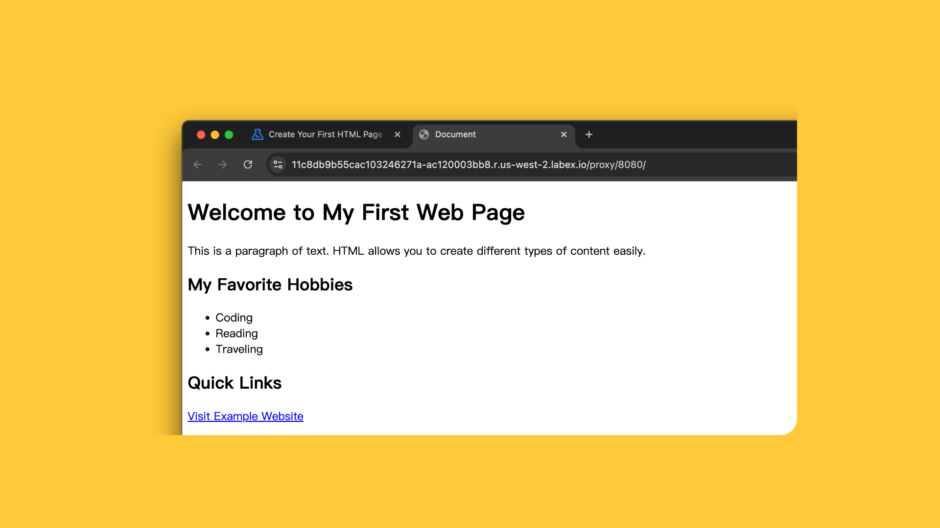Page HTML affichée dans un onglet de navigateur