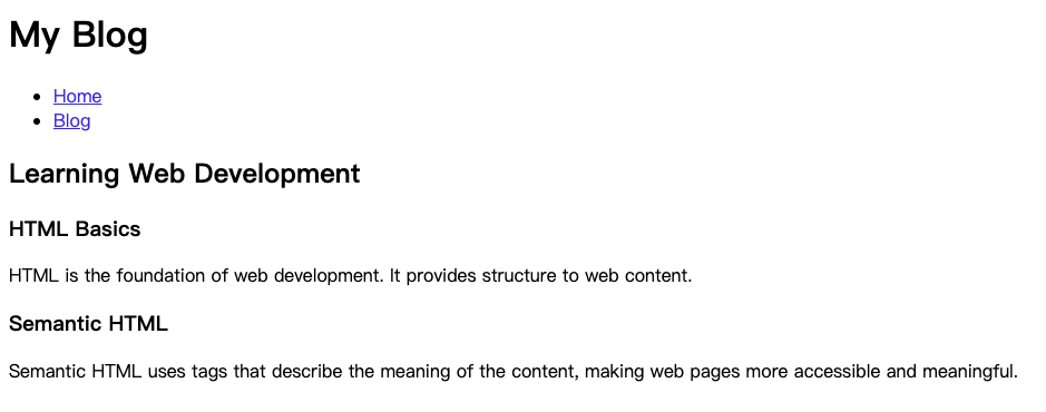 Browser view of semantic HTML example