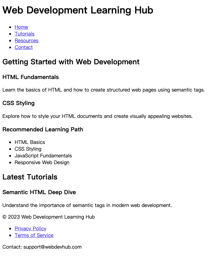 Semantic HTML page layout example